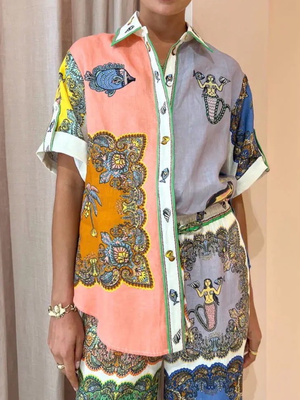 Women’s 2 Piece Multicolor Printed Short-Sleeve Button-Up Shirt with Pant Set